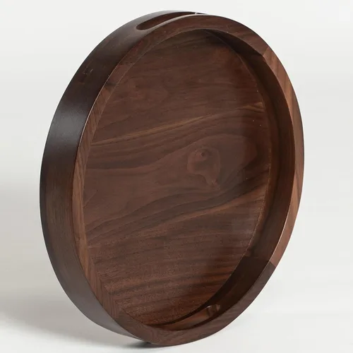 Miniatura 2 de Bandeja redonda de mesa otomana de 13 x 13 pulgadas, bandeja circular de madera maciza de nogal negro con asa para otomana de gran