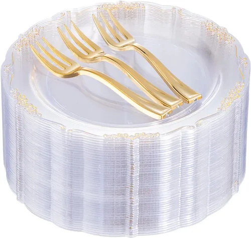Miniatura 11 de LIYH 100 Platos de Postre de Plástico Burdeos Dorado con 100 Tenedores de Postre Dorados, Platos de Ensalada Rojos Desechables Incluye 100 Platos