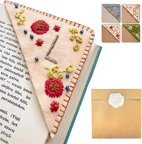 Miniatura 76 de Marcapáginas de esquina bordado a mano personalizado, 26 letras con costura a mano de fieltro, marcapáginas de esquina con bordado de flores lindo