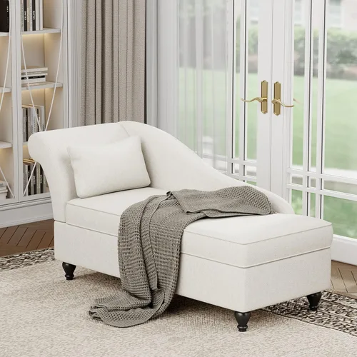 Miniatura 4 de Tumbona de almacenamiento para interiores, sillón tapizado de lino con almacenamiento para dormitorio, sala de estar, oficina, tela beige