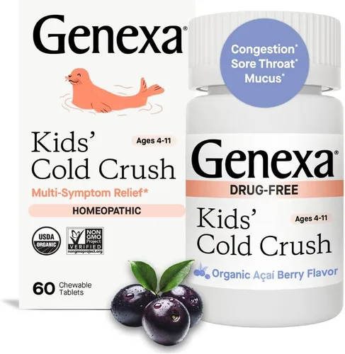 Genexa jarabe homeopático para niños Cold Crush: el único remedio orgánico certificado para resfríos para niños 60 tabletas masticables naturales y