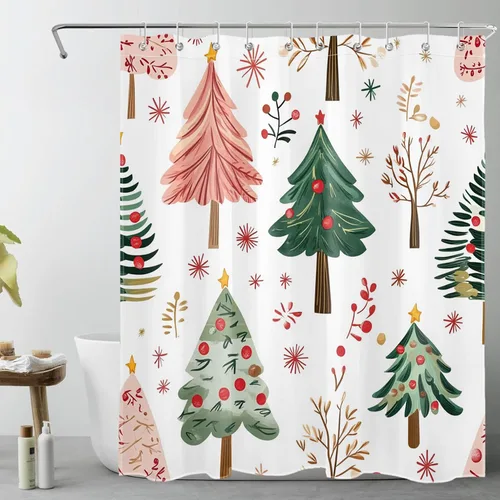 LB Cortina de ducha de árbol de Navidad para baño, cortina de ducha abstracta de tela de pino nevado rosa y verde con ganchos, juego de cortina de