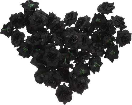 BESPORTBLE 50 rosas negras artificiales, cabeza de rosa sintética hecha a mano, cabeza de rosa falsa de seda, cabeza de rosa de simulación para