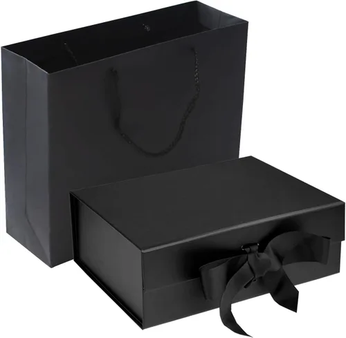 RUIFYRAY Caja de regalo magnética de lujo negra con tapa, cintas y bolsa de regalo, tamaño mediano, 9.4 x 7 x 3 pulgadas, ideal para Navidad, Año