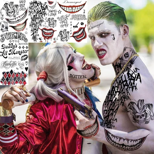 Miniatura 2 de VANTATY 6 hojas de tatuajes 3D Joker para hombres, adultos y mujeres, tatuajes temporales de Halloween para mujeres, niñas, niños, calcomanías de B