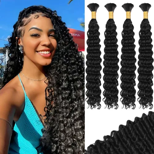 Miniatura 11 de Mezcla de cabello humano para trenzar, cabello sintético rizado bohemio para trenzar, trenzas bohemias de 16 pulgadas, 4 paquetes de 110g/paquete
