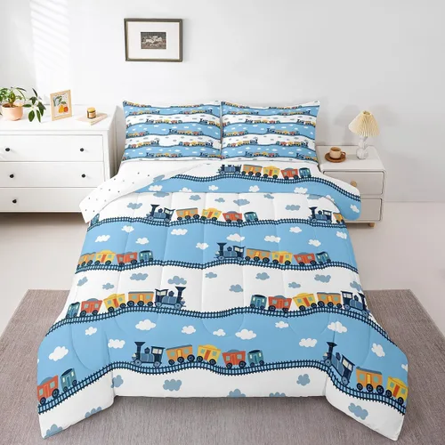 Erosebridal Juego de edredón de tren de locomotora para niños, tamaño individual, lindo juego de ropa de cama con motor de vapor para niños y niñas,