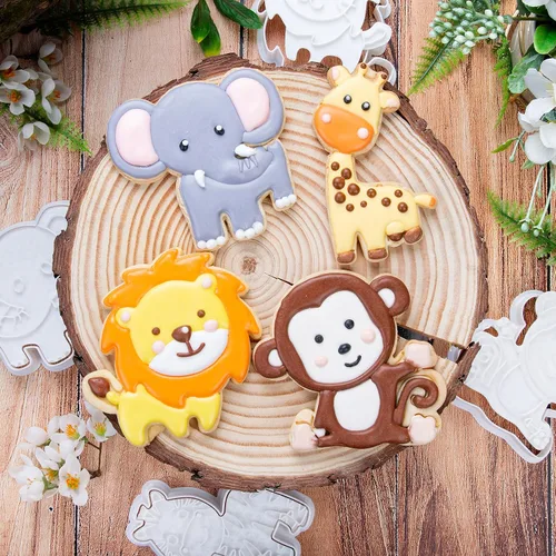 Miniatura 4 de Juego de 8 cortadores de galletas de animales con mango de sello 3D, diseño de selva para cocina, formas de pastel de ácido poliláctico