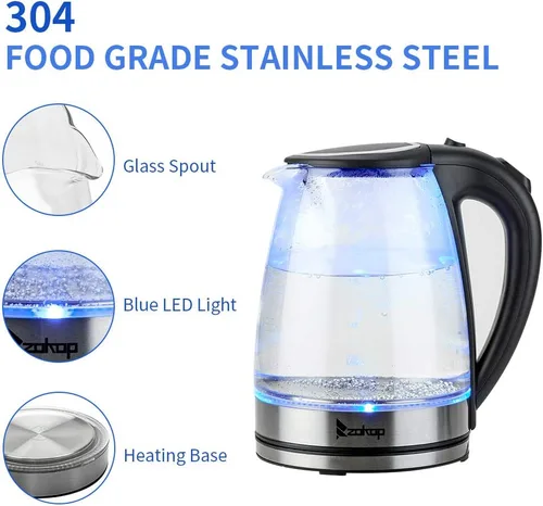 Miniatura 4 de Ochine Hervidor eléctrico de acero inoxidable, hervidor de café, calentador de agua caliente inalámbrico, 1500 W, hervir rápido con luz LED, apagado