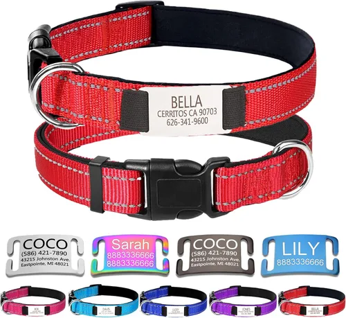 Miniatura 8 de Collares de perro personalizados, collar de perro con etiquetas de identificación de placa de nombre grabadas, collar de nailon ajustable Rosa