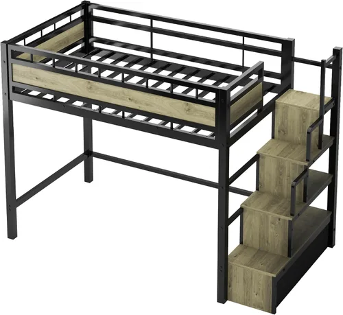 Miniatura 8 de soges Cama tipo loft con escaleras, cama alta de metal con cajones de almacenamiento, ideal para dormitorios, apartamentos, habitaciones de niños