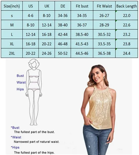 Miniatura 6 de Fenyong Camiseta sin mangas con cuello halter de lentejuelas para mujer, elegante, brillante, para fiesta, club, concierto, cóctel, camisola