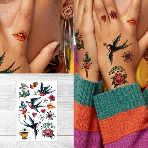 Supperb Tatuajes temporales – Juego de tatuajes temporales de flores pequeñas, acuarela, vintage, golondrina, rosa, pequeño, hipster, tatuaje de