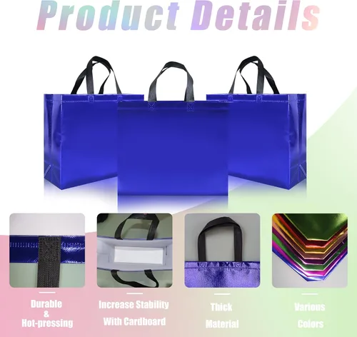 Miniatura 2 de cabzymx 15 bolsas de regalo reutilizables de color azul brillante con asas, bolsas de regalo de fiesta a granel con bases resistentes, bolsa