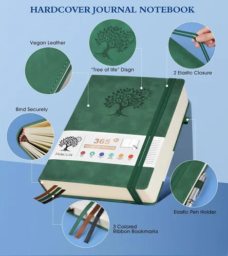 Miniatura 3 de PERCUN Cuaderno rayado A4, 365 páginas de tamaño grande de cuero para escribir para mujeres y hombres, cuaderno de tapa dura con páginas gruesas
