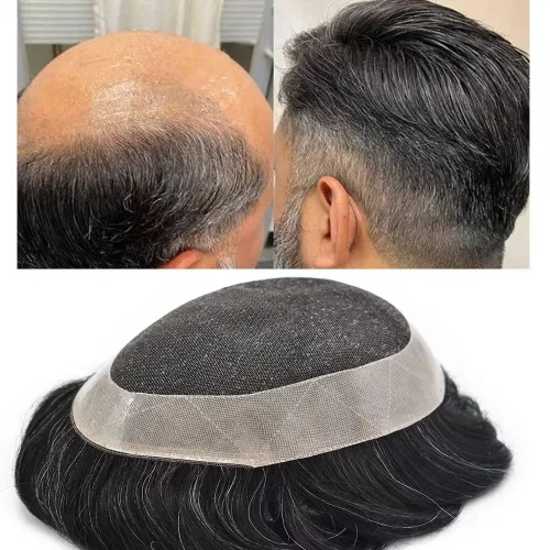 Miniatura 8 de Tupé para hombres, sistema de cabello humano, encaje francés suave con PU para hombre, extensiones de pelo de piel fina para hombres, pelucas
