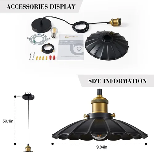 Miniatura 7 de Lámpara colgante negra, lámpara colgante retro de 9.8 pulgadas para dormitorio, luces colgantes brillantes de cocina, sala de estar, 6.5 pies
