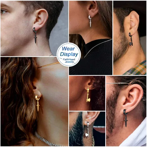 Miniatura 6 de FaithHeart Aretes de aro Huggie para mujer, acero inoxidable, chapado en oro de 18 quilates, aretes colgantes de gota de AnkhCrossCandkBocina