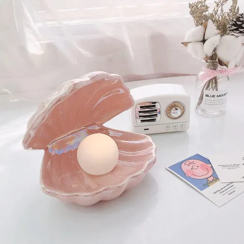 Miniatura 6 de Koolouispoper Ins Lámpara de noche de concha de cerámica de estilo japonés con perlas de sirena para decoración del hogar, regalo de Navidad (rosa)