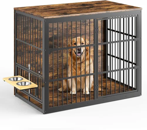 Lyromix Mueble de jaula para perros XXL de 48 pulgadas con alimentador giratorio, mesa auxiliar de madera grande, jaula de interior resistente para