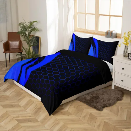Miniatura 2 de Juego de ropa de cama de panal hexagonal para niños, niñas, adolescentes, funda de edredón geométrica transpirable, colmena geométrica roja y negra