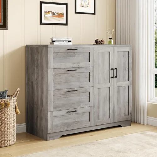 Miniatura 4 de GarveeHome Cómoda de madera multifuncional para dormitorio, 43.3 pulgadas de alto, armario de 2 puertas con 4 cajones y barra para colgar, armario