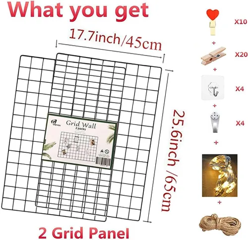 Miniatura 3 de Paquete de 2 paneles grandes de rejilla de pared con luz y clips, tablero de exhibición de fotos, tablero de collage para marcos de fotos, panel