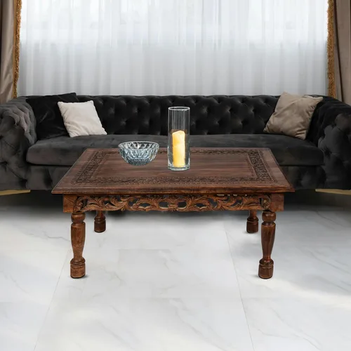 Miniatura 7 de Mesa de café rectangular de madera con talla Jali, mesa de café estilo granja, mesa rústica central, estilo de mediados de siglo, muebles rústicos
