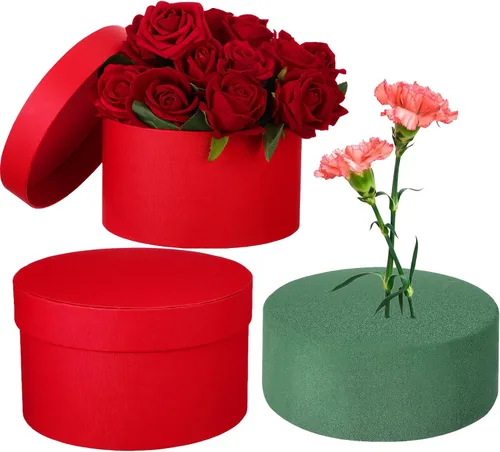 Miniatura 7 de Nuenen Caja de regalo redonda con tapa y juego de espuma floral, negro, 2 piezas, cajas de regalo para flores para el día de la madre, dama