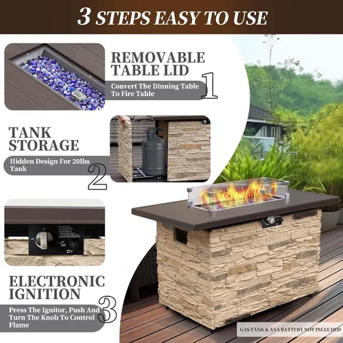 Miniatura 3 de Mesa de Hoguera de Propano PIZZELLO de 43 Pulgadas al Aire Libre, Mesa de Fuego Rectangular de Piedra para Exteriores, Mesa de Hoguera de 50,000 BTU