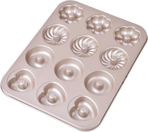 Molde para Donas y Pastel, 12 Cavidades Antiadherente Anillo para Donas, Utensilios de Hornear para Horno (Oro Champán)