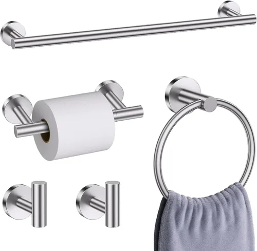 Miniatura 12 de Juego de 5 accesorios de baño negro mate, juego de toallero de 23.6 pulgadas, soporte de papel higiénico de acero inoxidable, toalleros redondos
