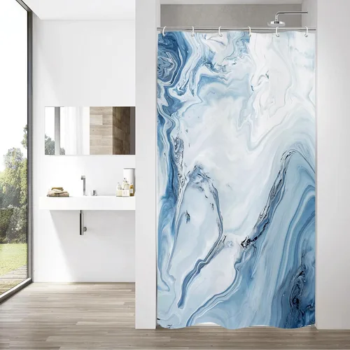 MitoVilla Cortina de regadera, poste pequeño, 36 x 72, color mármol azul, juego de cortina de ducha estrecha de tamaño medio, abstracta, degradada,