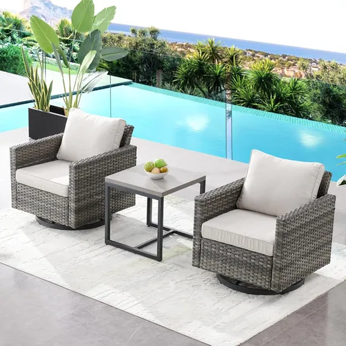 Miniatura 8 de HUMMUH Juego de 2 sillas giratorias para patio, mimbre de polietileno, para exteriores, bistró, porche, balcón, muebles con cojines Gris/gris