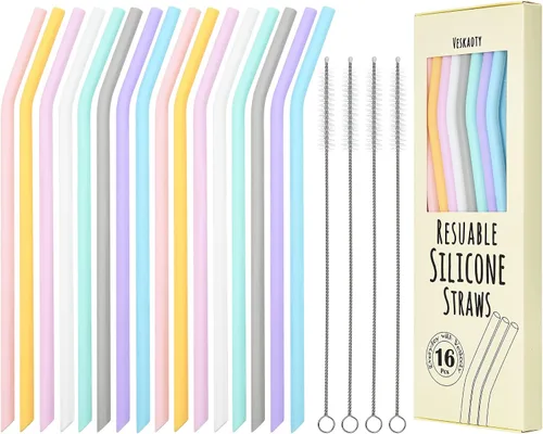 Pajitas de silicona reutilizables, 16 popotes flexibles largos con 4 cepillos de limpieza para vasos Yeti/Rtic/Ozark de 20 y 30 onzas, sin BPA, sin