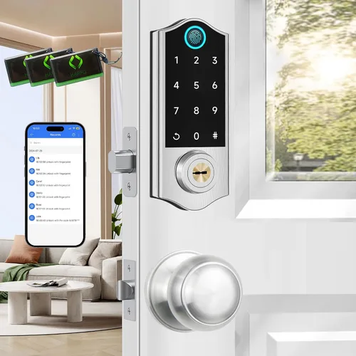 Miniatura 9 de Cerraduras inteligentes con huellas dactilares para puerta delantera con mango, control por aplicación, cerradura de puerta de entrada sin llave