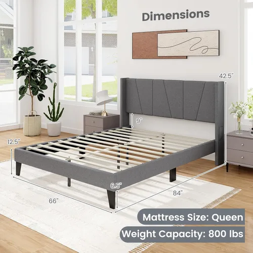 Miniatura 2 de KOMFOTT Base de cama tapizada tamaño Queen con cabecera con respaldo de ala, plataforma moderna con soporte de listones de madera, base de colchón