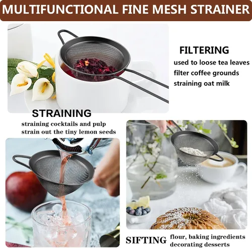 Miniatura 3 de LIANYU Juego de 2 coladores de malla fina de acero inoxidable de 3.3 pulgadas con mango largo, ideal para filtrar café, cóctel, tamizar harina, a