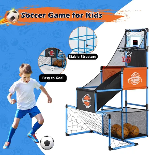 Miniatura 3 de Juego de Arcade de Baloncesto y Portería de Fútbol 2 en 1 para Niños, Aro de Baloncesto Ajustable para Niños con 6 Pelotas y Bomba