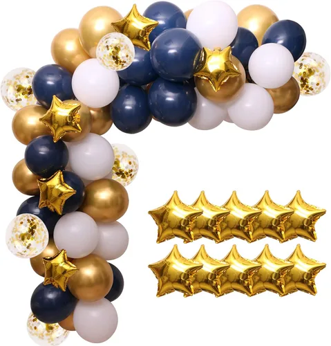 Kit de guirnalda de globos azul marino, 102 globos azules y blancos con globos dorados y de papel de aluminio, arco de decoración de fiesta para