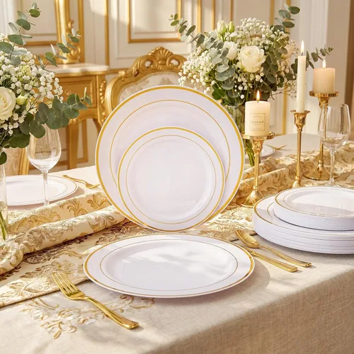 Miniatura 9 de 102 piezas, platos de plástico dorados, platos de fiesta blancos, platos desechables con peso y de alta calidad que incluyen: 51 platos llanos