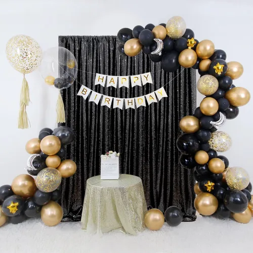Miniatura 6 de Cortinas con lentejuelas doradas, 2 unidades de 2 x 8 pies, con brillantina, telón de fondo para bodas Negro