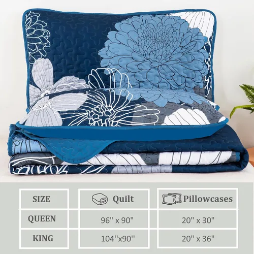 Miniatura 8 de Juego de edredón de 3 piezas con patrón floral azul marino, tamaño Queen, juego de ropa de cama reversible de microfibra con patrón de flores