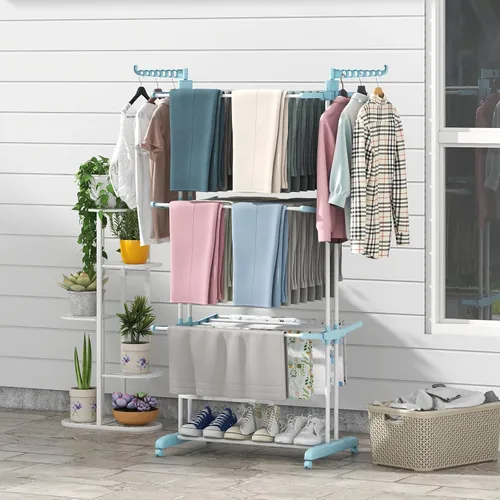 Miniatura 4 de Giantex Estante de secado de ropa plegable, estante plegable de gran tamaño de 4 niveles con 3 bandejas retráctiles, soportes para perchas, soporte