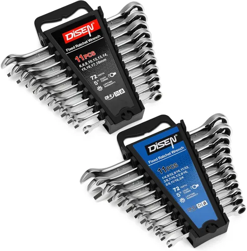 DISEN Juego de 22 llaves de trinquete, juego de llaves combinadas SAE y estándar métrico, tamaño de 1/4" a 3/4" y 0.236-0.709 in, acero CR-V, 12
