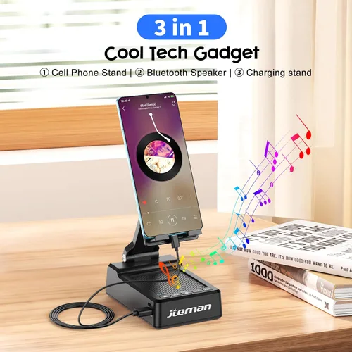 Miniatura 2 de JTEMAN Regalos para hombres y mujeres, soporte ajustable para teléfono celular con altavoz Bluetooth y función de carga, genial idea de regalo