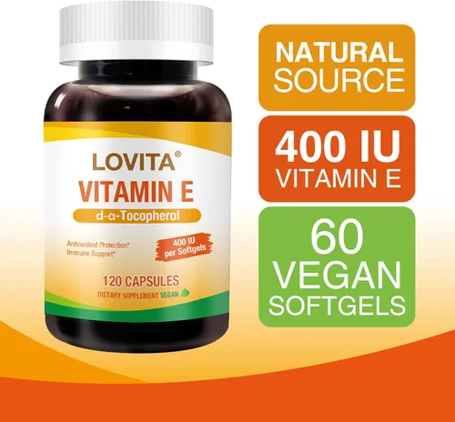 Miniatura 2 de LOVITA Vitamina E 400 UI cápsulas blandas veganas, vitamina E natural 268 mg (como D alfa tocoferol), para piel sana, cabello, uñas, antioxidantes