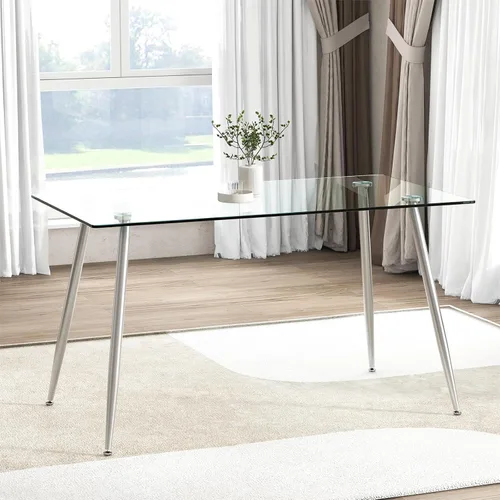 Miniatura 9 de Moccha - Mesa de comedor de cristal de 51 pulgadas, mesa rectangular moderna con amplia mesa de vidrio templado y patas de metal de grano de madera