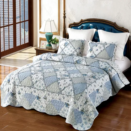 Miniatura 8 de VIVILINEN Juego de edredón de retazos florales azules, tamaño matrimonial, juego de ropa de cama de 3 piezas con 2 fundas de almohada