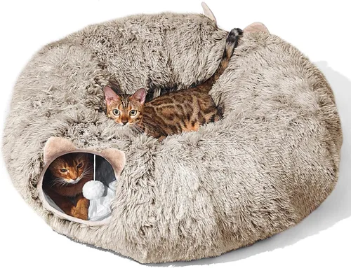 Túnel para Gatos con Cama para Gatos de Interior, Túnel de Dona de Cueva de Gato de Felpa Suave Peekaboo, Juguetes de Patio de Juegos Multifuncional